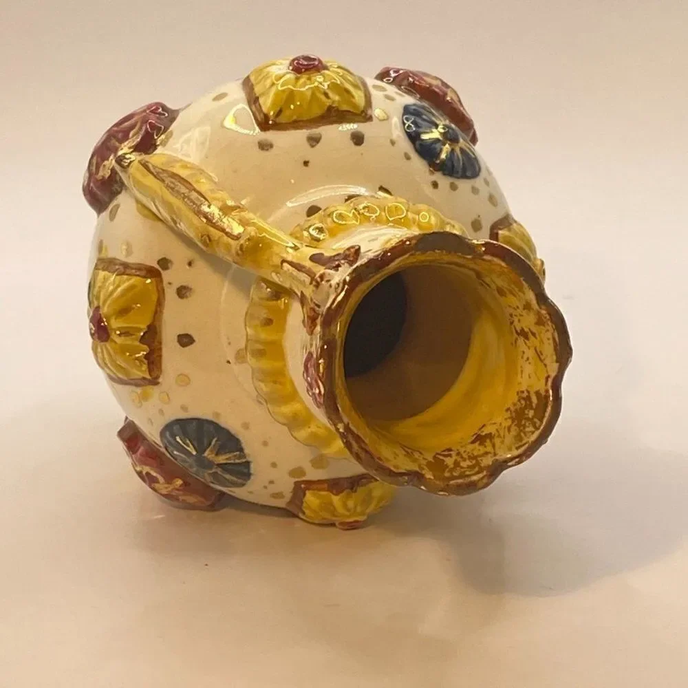 Pompeyi Bejeweled Signed Majolica Ceramic Vase Double Handle Gold Embossed